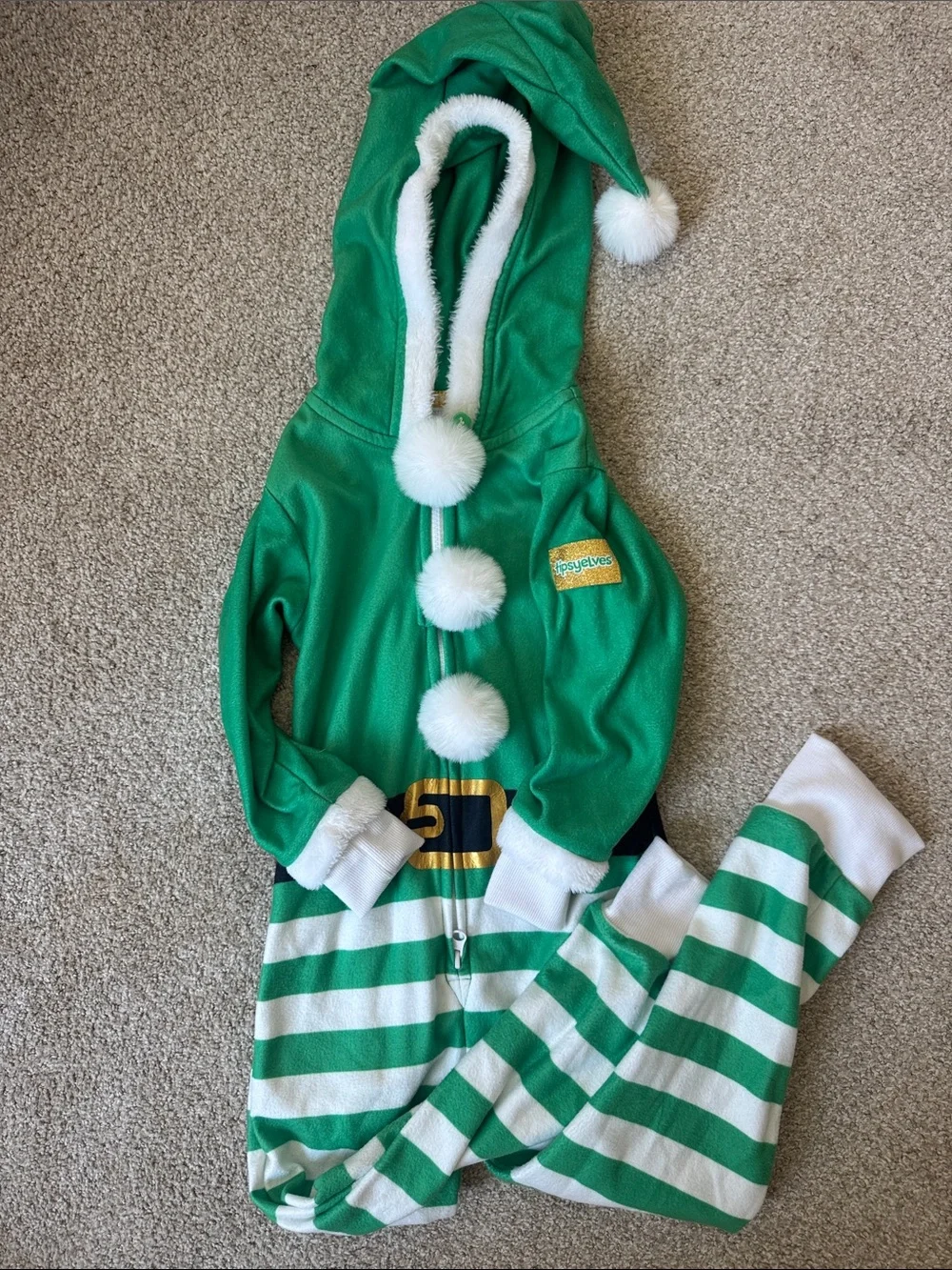 Tipsy Elves - Green & White Elf Onesie with Pom-Pom Hood